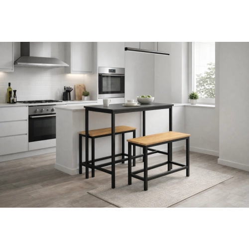 Zestaw Barowo - Jadalniany z Metalu , Blat Czarny Płyta MDF  Stół +2 Ławki Model  ZETS-11